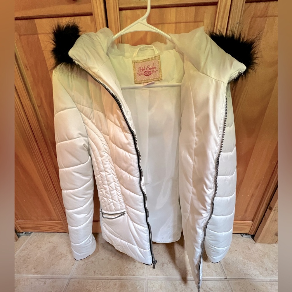 Pink Envelope White Winter Coat with Hood (M)